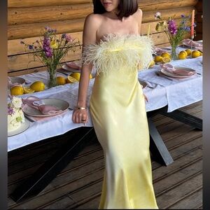 Zara Satin Soft Yellow Feathered  Dress